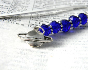 Planet Bookmark with Blue Glass Beads Shepherd Hook Steel Bookmark Silver Color