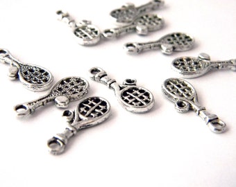 Tennis Racquet Charms Set of 10 Silver Color 18x7mm
