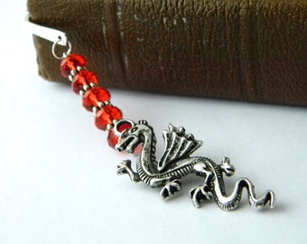 Dragon Bookmark with Red Glass Beads Shepherd Hook Silver Color Steel Bookmark