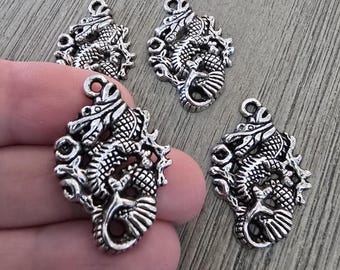 Large Dragon Charms Set of 4 Silver Color 32x22