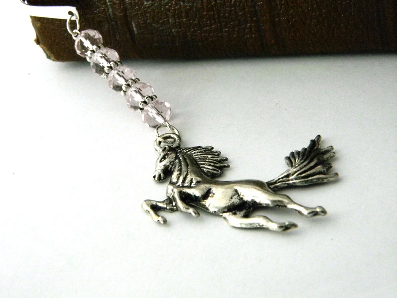 Horse Bookmark with Light Pink Glass Beads Shepherd Hook Steel Bookmark Silver Color image 4