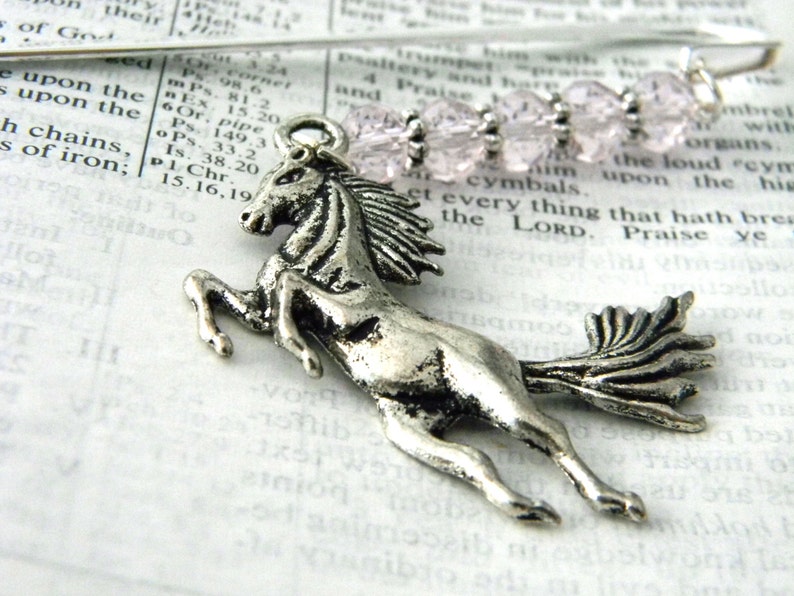 Horse Bookmark with Light Pink Glass Beads Shepherd Hook Steel Bookmark Silver Color image 5