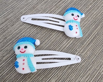 Snowman Hair Clips, Set of Two White Hair Clips, Metal Snap Barrette 50mm, Winter Hair Clips