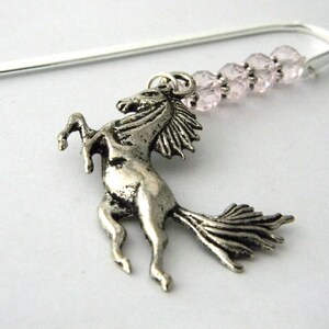 Horse Bookmark with Light Pink Glass Beads Shepherd Hook Steel Bookmark Silver Color image 2