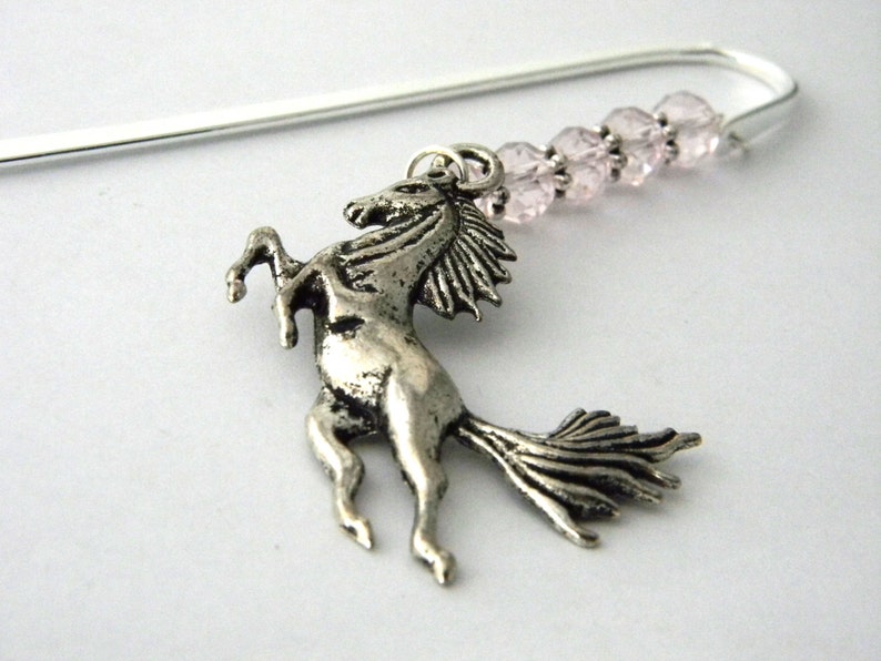 Horse Bookmark with Light Pink Glass Beads Shepherd Hook Steel Bookmark Silver Color image 2