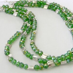 Green Glass Triple Strand Beaded Necklace Lobster Clasp with Silver Colored Square Beads