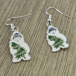 Polar Bear Earrings, Silver Color Dangle Earrings, Bear Earrings, Christmas Earrings, Enamel Earrings with Christmas Tree