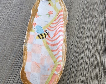 Decoupage Shell Bee Trinket Dish Jewelry Dish Oyster Shell