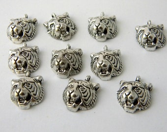 Tiger Head Charms Set of 10 Silver Color 18x13mm