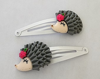 Gray Hedgehog Hair Clips, Set of Two White Hair Clips, Metal Snap Barrette 50mm