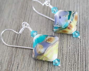 Teal Lampwork Glass Diamond Shape Sterling Silver Earrings Matte Finish