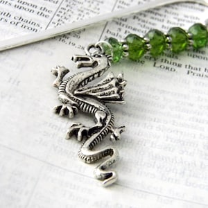Dragon Bookmark with Green Glass Beads Shepherd Hook Steel Bookmark Silver Color