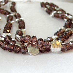 Purple Glass Triple Strand Beaded Necklace Lobster Clasp with Silver Colored Circle Beads image 9