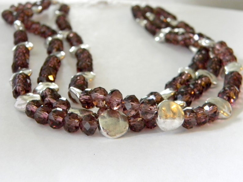 Purple Glass Triple Strand Beaded Necklace Lobster Clasp with Silver Colored Circle Beads image 9