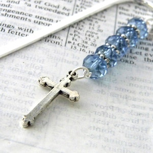Cross Bookmark with Light Blue Glass Beads Shepherd Hook Steel Bookmark Silver Color