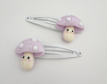 Purple Mushroom Hair Clips Set of Two White Hair Clips Metal Snap Barrette 50mm