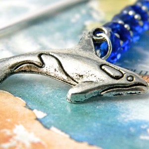 Orca Whale Bookmark with Blue Glass Beads Shepherd Hook Silver Color