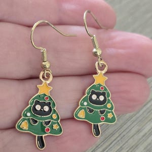 Enamel Cat Christmas Tree Earrings, Dangle Earrings, Christmas Earrings