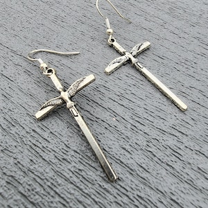 Long Cross Dove Earrings Silver Color Dangle Earrings Holy Spirit Earrings