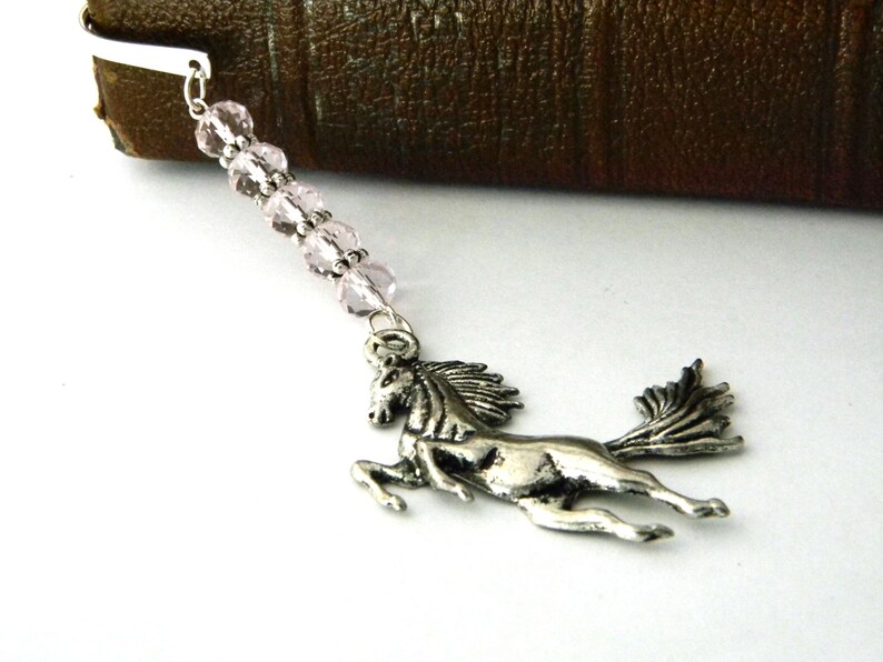 Horse Bookmark with Light Pink Glass Beads Shepherd Hook Steel Bookmark Silver Color image 3