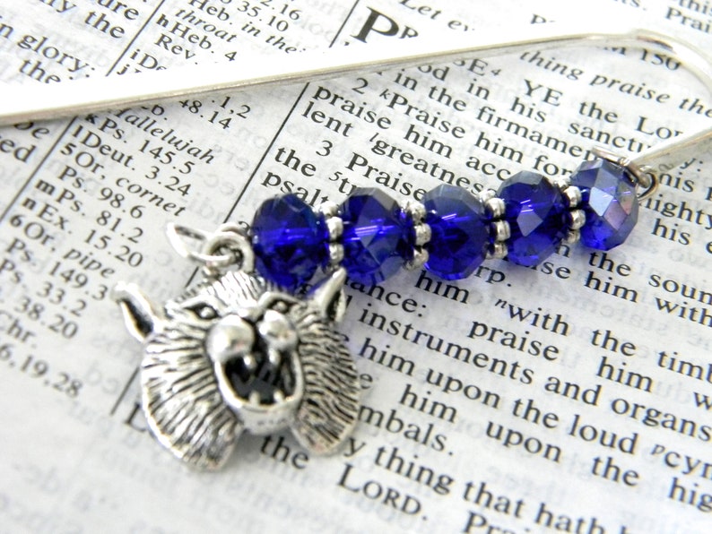 Wildcat Bookmark with Cobalt Blue Glass Beads Shepherd Hook Steel Bookmark Silver Color image 1