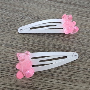 Pink Gummy Bear Hair Clips Set of Two White Hair Clips Metal Snap Barrette 50mm