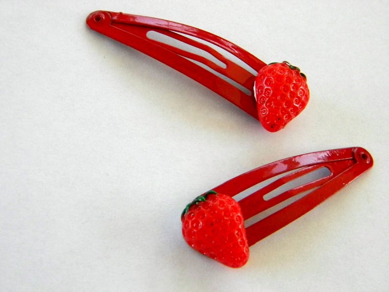 Red Strawberry Hair Clips Set of Two Red Hair Clip Metal Snap Barrette 50mm Fruit Hair Clip image 3