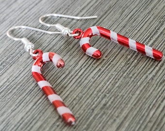Candy Cane Earrings, Red and White Dangle Earrings, Christmas Earrings