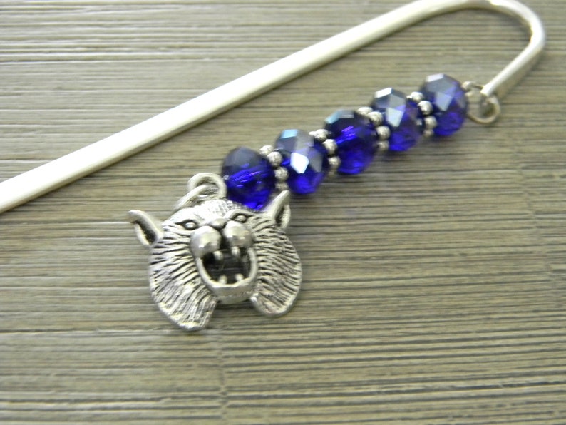 Wildcat Bookmark with Cobalt Blue Glass Beads Shepherd Hook Steel Bookmark Silver Color image 10