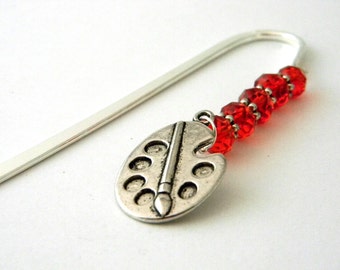 Art Palette Bookmark with Red Glass Beads Shepherd Hook Steel Bookmark Silver Color