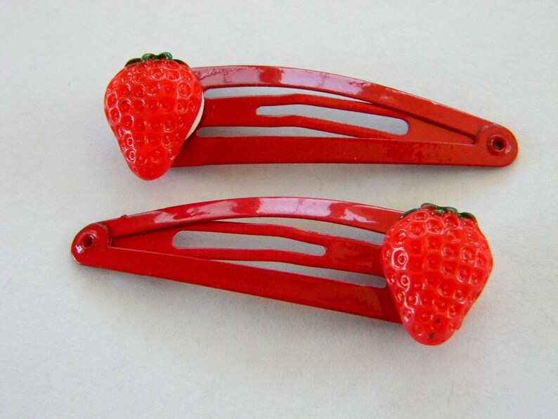 Red Strawberry Hair Clips Set of Two Red Hair Clip Metal Snap Barrette 50mm Fruit Hair Clip image 2