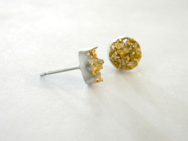 8mm Stud Earrings Gold Druzy Resin Post Earrings