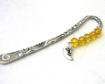 Crescent Moon Bookmark with Yellow Glass Beads Celestial Bookmark Shepherd Hook Metal Bookmark Man in the Moon