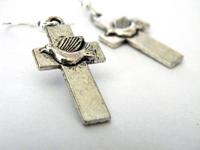 Cross With Dove Holy Spirit Earrings Silver Color Dangle Earrings - Etsy