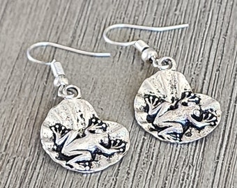 Frog Lilypad Earrings Silver Color Dangle Earrings