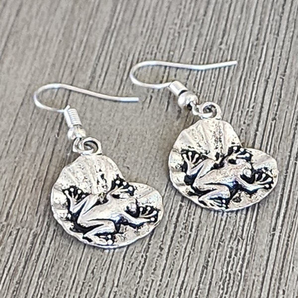 Frog Lilypad Earrings Silver Color Dangle Earrings