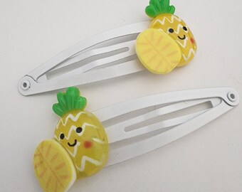 Pineapple Hair Clips Set of Two White Hair Clip Metal Snap Barrette 50mm