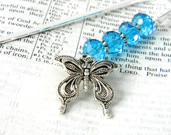 Pretty Butterfly Bookmark with Aqua Blue Glass Beads Silver Color Shepherd Hook Bookmark