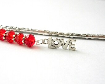 Fancy Love Bookmark with Red Glass Beads Shepherd Hook Silver Color