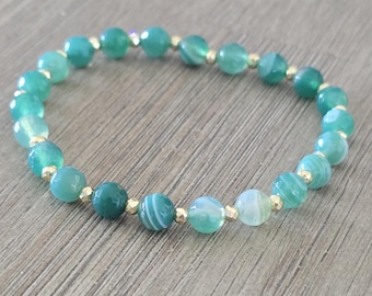 Green Banded Agate Stretch Bracelet Stone Bracelet No Clasp 6mm Beads with Gold Colored Round Beads