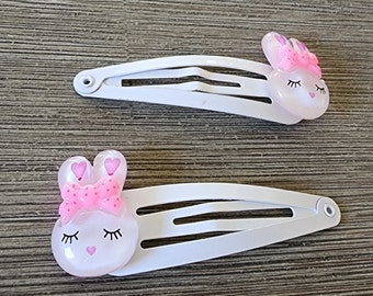 Cute White Bunny Hair Clips Set of Two White Hair Clips Metal Snap Barrette 50mm Rabbit Hair Clips