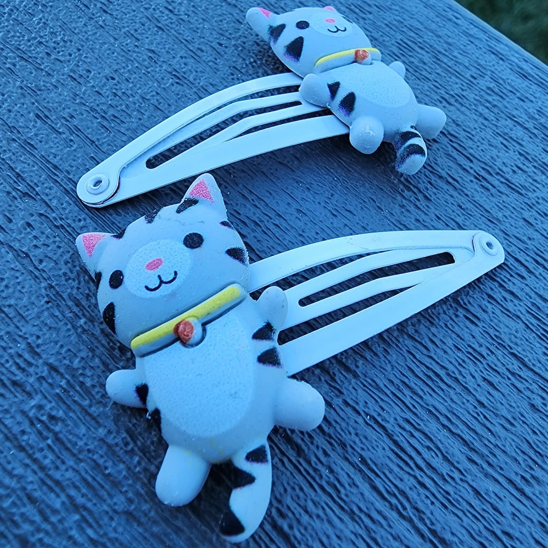 Large Gray Tabby Cat Hair Clips, Set of Two White Hair Clips, Metal