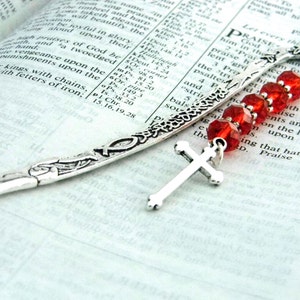Fancy Long Cross Bookmark with Red Glass Beads Shepherd Hook Silver Color