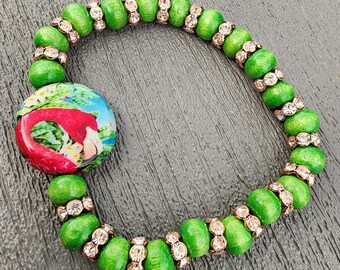 Flamingo Decoupage Bracelet Green Wood Stretch Bracelet