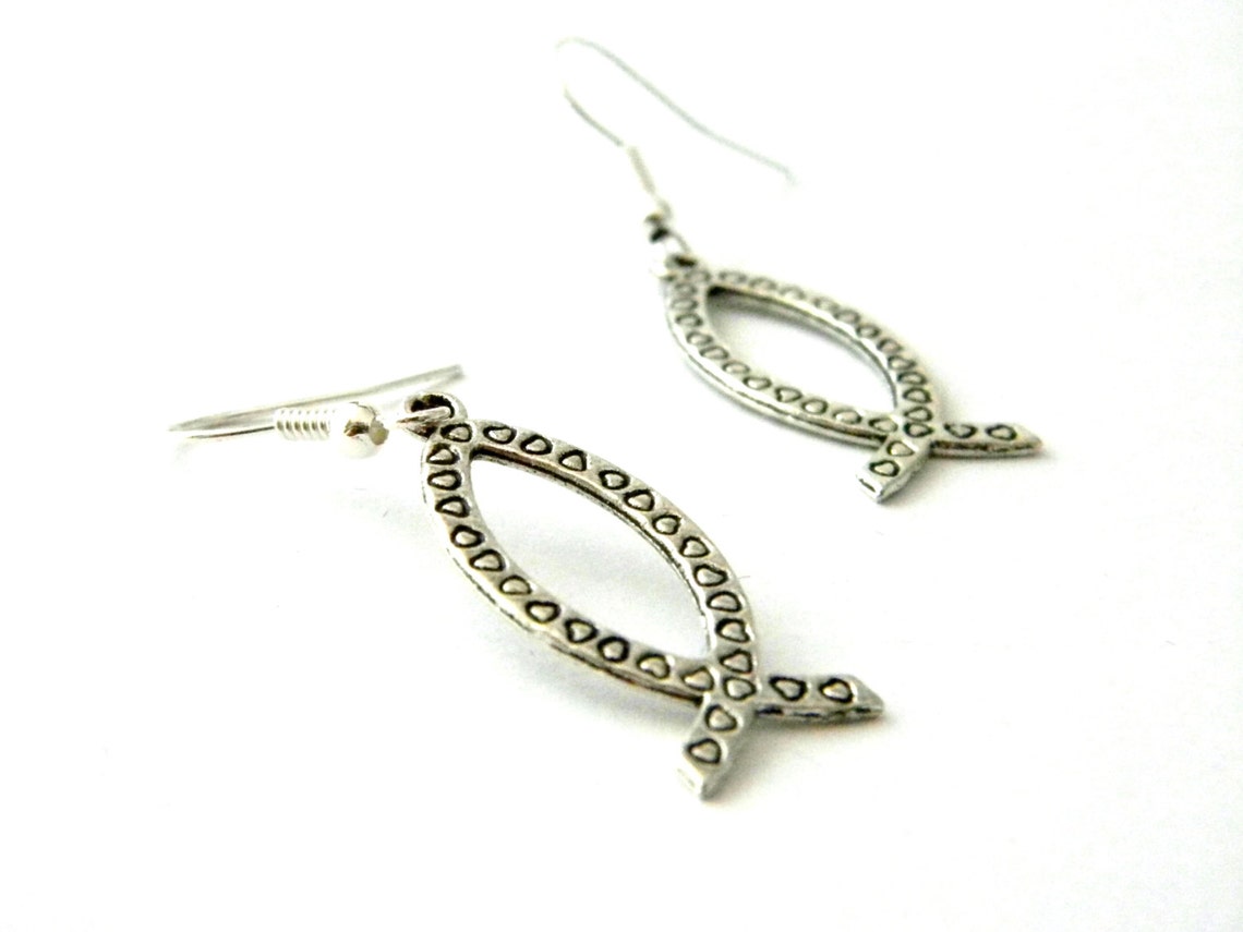 Jesus Fish Earrings Silver Color Dangle Earrings Heart Pattern Etsy