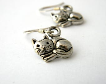 Silver Cat Earrings Dangle Earrings