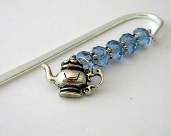 Teapot Bookmark with Light Blue Beads Shepherd Hook Steel Bookmark Silver Color