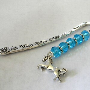 Horse Bookmark with Aqua Blue Glass Beads Flower Short Shepherd Hook Bookmark Silver Color image 8