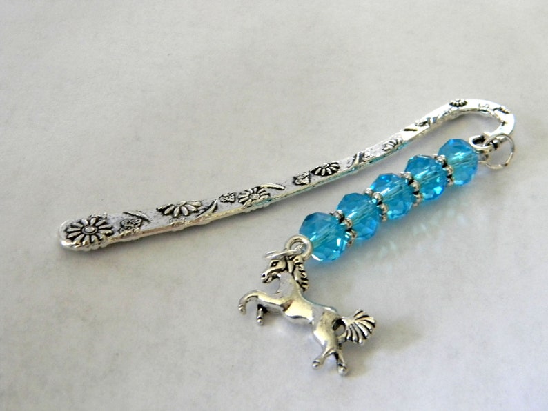 Horse Bookmark with Aqua Blue Glass Beads Flower Short Shepherd Hook Bookmark Silver Color image 8