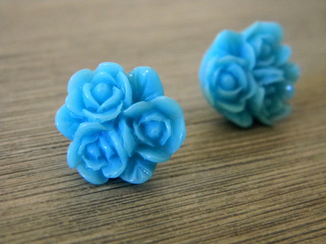Large Blue Flower Triple Cluster Earrings Post Type 16mm Studs - Etsy